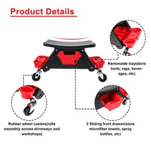 Toolly Rolling Mechanic Stool, 300 Lbs Capacity Detailing Garage Roller Chair Creeper Seat with Pull Out Storage Drawer for Brake Jobs, Car Detailing, Cleaning