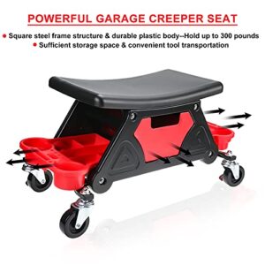 Toolly Rolling Mechanic Stool, 300 Lbs Capacity Detailing Garage Roller Chair Creeper Seat with Pull Out Storage Drawer for Brake Jobs, Car Detailing, Cleaning