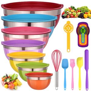 mixing bowls with lids for kitchen - 26 pcs stainless steel nesting colorful mixing bowls set for baking,mixing,serving & prepping,size 7, 5.5, 5, 4, 3, 2, 1.5qt,12 cooking utensils