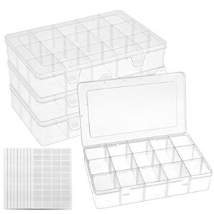 bakhuk 4 pack x 15 grids storage container plastic washi tape organizer, 15 compartments clear craft box with adjustable divider removable for sewing, tackle, thread, art diy, beads,10.8x6.5x2.2in