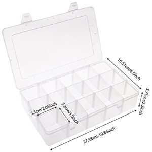BAKHUK 4 Pack x 15 Grids Storage Container Plastic Washi Tape Organizer, 15 Compartments Clear Craft Box with Adjustable Divider Removable for Sewing, Tackle, Thread, Art DIY, Beads,10.8x6.5x2.2in