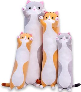cute cat plush long body pillow cuddle cartoon stuffed animals cat plushie soft doll pillows gifts for kids girls (gray, 19 inches), 1 count (pack of 1)