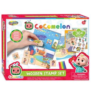 cocomelon stamp set by creative kids- 36+ piece wooden stamps set includes ink pads, stickers, markers, picture frames - montessori wood stamp birthday gift set for girls boys toddlers ages 3+