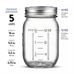 Paksh Novelty 16 Oz Mason Jars with Lids, 5-Pack - Glass Food Storage & Canning