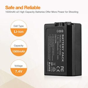 Powerextra 2 pack Replacement Sony NP-FW50 Camera Battery and Dual Channel Charger for Sony a6000, a6300, a6500, a5100, a5000, a7, a7s, a7s ii, a7r, a7 ii Cameras