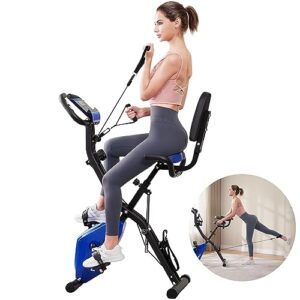 whtor stationary bike 4 in 1 foldable exercise bike for home with pulse sensor and 16 level adjustable magnetic, workout cycling upright bike with arm and leg resistance band for seniors