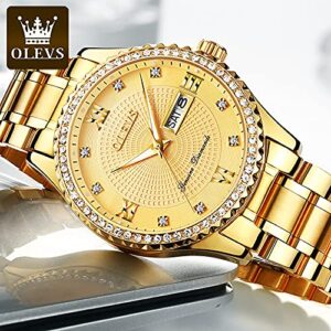 OLEVS Luxury Men Watch Gold Face Diamond Waterproof Stainless Steel Wrist Watch with Day and Date Quartz Man Wristwatches Analog Big Face Male Watches Calendar Fashion Relojes De Hombre