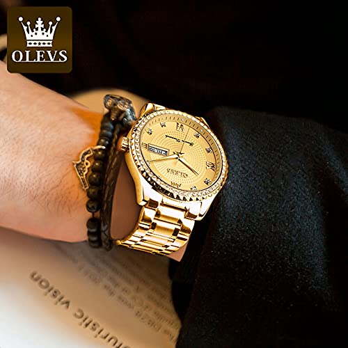 OLEVS Luxury Men Watch Gold Face Diamond Waterproof Stainless Steel Wrist Watch with Day and Date Quartz Man Wristwatches Analog Big Face Male Watches Calendar Fashion Relojes De Hombre