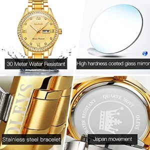 OLEVS Luxury Men Watch Gold Face Diamond Waterproof Stainless Steel Wrist Watch with Day and Date Quartz Man Wristwatches Analog Big Face Male Watches Calendar Fashion Relojes De Hombre