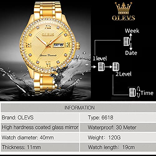 OLEVS Luxury Men Watch Gold Face Diamond Waterproof Stainless Steel Wrist Watch with Day and Date Quartz Man Wristwatches Analog Big Face Male Watches Calendar Fashion Relojes De Hombre