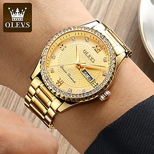 OLEVS Luxury Men Watch Gold Face Diamond Waterproof Stainless Steel Wrist Watch with Day and Date Quartz Man Wristwatches Analog Big Face Male Watches Calendar Fashion Relojes De Hombre