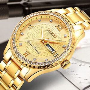 OLEVS Luxury Men Watch Gold Face Diamond Waterproof Stainless Steel Wrist Watch with Day and Date Quartz Man Wristwatches Analog Big Face Male Watches Calendar Fashion Relojes De Hombre