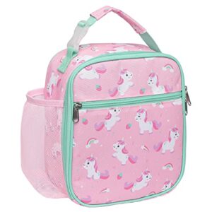 bagseri kids lunch box, insulated lunch box bag for girls, portable reusable toddler lunch cooler bag for school, water-resistant lining（pink, unicorns）