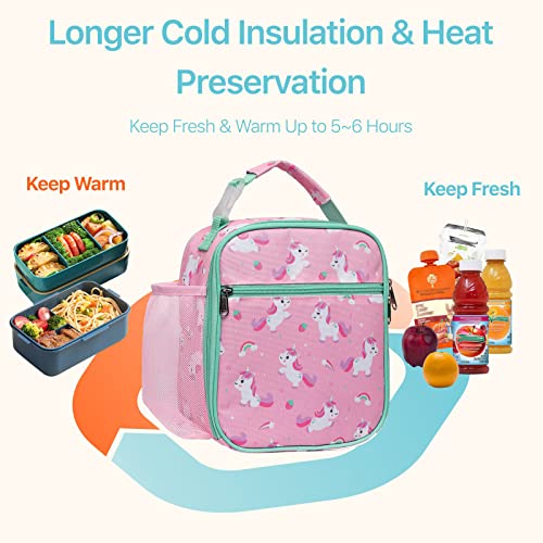 Bagseri Kids Lunch Box, Insulated Lunch Box Bag for Girls, Portable Reusable Toddler Lunch Cooler Bag for School, Water-resistant Lining（Pink, Unicorns）