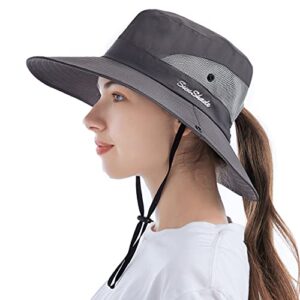 tutuko womens wide brim sun hats foldable uv protection beach bucket hats ponytail mesh fishing hat (pure grey)