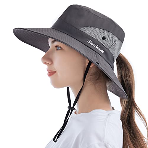 Tutuko Womens Wide Brim Sun Hats Foldable UV Protection Beach Bucket Hats Ponytail Mesh Fishing Hat (Pure Grey)