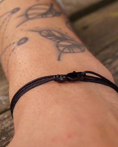 Adjustable Wrap Surfer Bracelet Women & Men - Thin String Bracelet with Snap Hook - Nautical Maritime Beach Jewelry - Handmade & Waterproof - Birthday Gift for Him (Black Black)