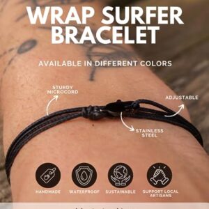 Adjustable Wrap Surfer Bracelet Women & Men - Thin String Bracelet with Snap Hook - Nautical Maritime Beach Jewelry - Handmade & Waterproof - Birthday Gift for Him (Black Black)