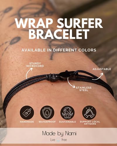 Adjustable Wrap Surfer Bracelet Women & Men - Thin String Bracelet with Snap Hook - Nautical Maritime Beach Jewelry - Handmade & Waterproof - Birthday Gift for Him (Black Black)