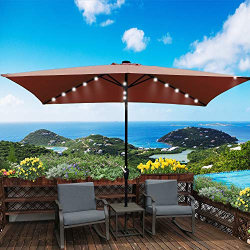 SSLine 10x6.5FT Patio Table Umbrella w/Solar LED Light Outdoor Rectangle Sunshade Umbrella Folding Portable Patio Umbrella for Garden Yard Pool Beach Outside Table Sun Shade Canopy w/Tilt and Crank