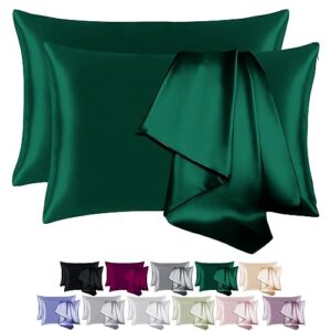 beijoey 100% mulberry silk pillowcase 2 pack for hair and skin,with hidden zipper,both sides 19 momme 600 thread count natural silk pillow cover,soft breathable smooth (dark green, standard 20''x26'')