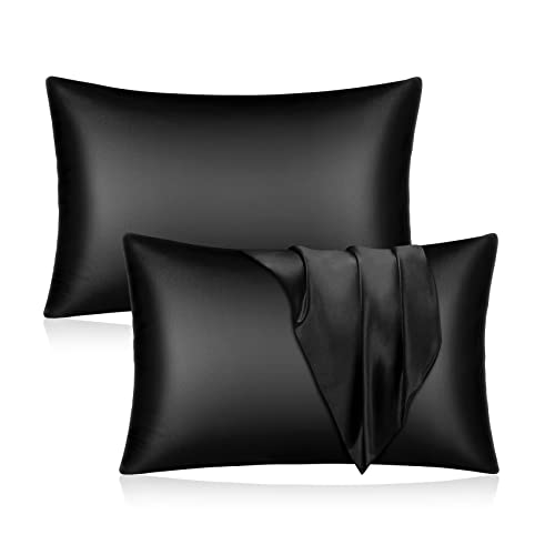 YUHX Silk Satin Pillowcase for Hair and Skin, Black Standard Size Pillowcase Set of 2, Soft Silky Pillow Cases with Envelope Closure (20x26 inches,Black)