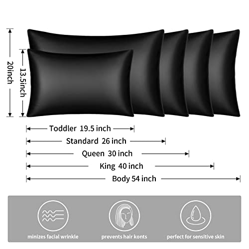 YUHX Silk Satin Pillowcase for Hair and Skin, Black Standard Size Pillowcase Set of 2, Soft Silky Pillow Cases with Envelope Closure (20x26 inches,Black)