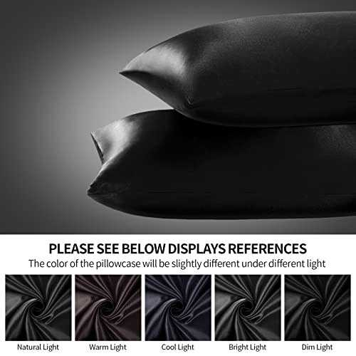 YUHX Silk Satin Pillowcase for Hair and Skin, Black Standard Size Pillowcase Set of 2, Soft Silky Pillow Cases with Envelope Closure (20x26 inches,Black)