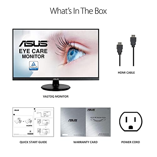 ASUS 27” 1080P Monitor (VA27DQ) - Full HD, IPS, 75Hz, Speakers, Adaptive-sync/FreeSync™, Low Blue Light, Flicker Free, VESA Mountable, Frameless, HDMI, VGA, DisplayPort, Tilt Adjustable, BLACK