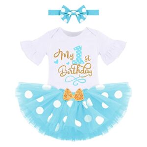 ibtom castle it's my 1st birthday outfit for baby girls first birthday gift wild one bodysuit romper onesie sequin bow-tie tulle tutu polka dots skirt for photo shoot w/ears headband blue 1t