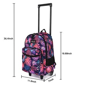 Tilami Rolling Backpack 18 inch Double Handle with Lunch Bag Wheeled Kids Backpack, Leaves Pink