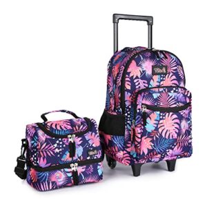 tilami rolling backpack 18 inch double handle with lunch bag wheeled kids backpack, leaves pink