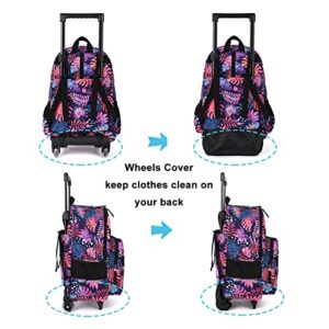 Tilami Rolling Backpack 18 inch Double Handle with Lunch Bag Wheeled Kids Backpack, Leaves Pink