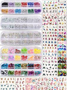 spearlcable nail art decoration kit,48 sheets nail stickers crystal rhinestones set 3d holographic butterfly glitter fruit nail art slices iridescent nail sequins for acrylic nail art
