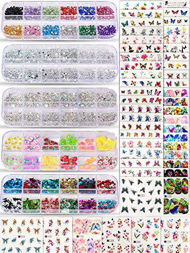 Spearlcable Nail Art Decoration Kit,48 Sheets Nail Stickers Crystal Rhinestones Set 3D Holographic Butterfly Glitter Fruit Nail Art Slices Iridescent Nail Sequins for Acrylic Nail Art