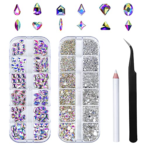 Nail Art Rhinestones Kit HUETFAT 120Pcs Multi Shapes Glass Crystal Ab nail Stones Nail Jewels + Flatback Nail Gems Rhinestones for Nails 2400Pcs With Pick Up Tweezer and Wax Pencil (120+2400pcs)