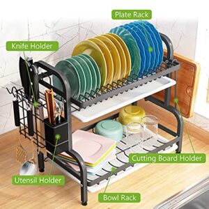 1Easylife Dish Drying Rack, 2-Tier Compact Kitchen Dish Rack Drainboard Set, Large Rust-Proof Dish Drainer with Utensil Holder, Cutting Board Holder for Kitchen Counter Tableware Organizer