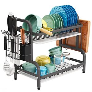1easylife dish drying rack, 2-tier compact kitchen dish rack drainboard set, large rust-proof dish drainer with utensil holder, cutting board holder for kitchen counter tableware organizer