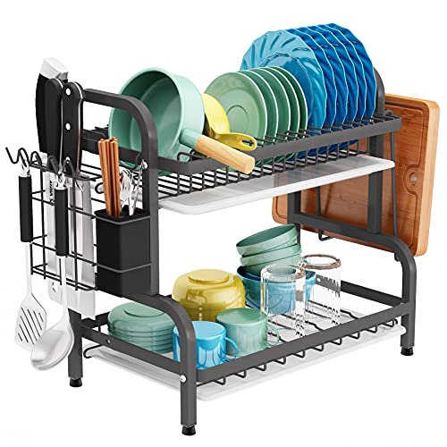 1Easylife Dish Drying Rack, 2-Tier Compact Kitchen Dish Rack Drainboard Set, Large Rust-Proof Dish Drainer with Utensil Holder, Cutting Board Holder for Kitchen Counter Tableware Organizer