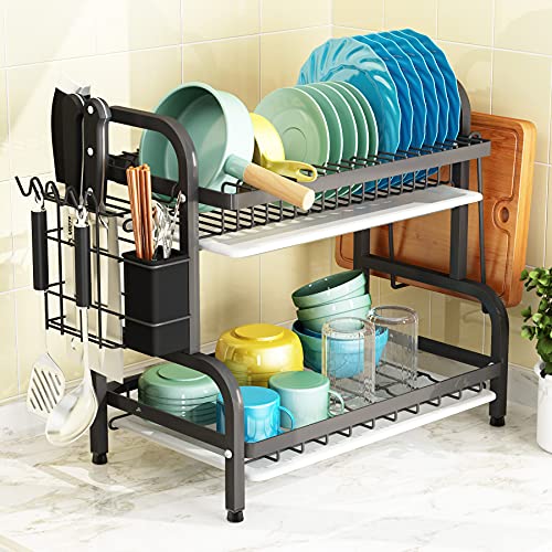 1Easylife Dish Drying Rack, 2-Tier Compact Kitchen Dish Rack Drainboard Set, Large Rust-Proof Dish Drainer with Utensil Holder, Cutting Board Holder for Kitchen Counter Tableware Organizer