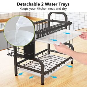 1Easylife Dish Drying Rack, 2-Tier Compact Kitchen Dish Rack Drainboard Set, Large Rust-Proof Dish Drainer with Utensil Holder, Cutting Board Holder for Kitchen Counter Tableware Organizer