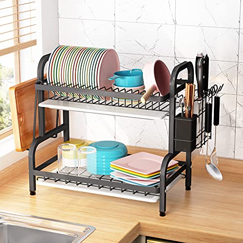 1Easylife Dish Drying Rack, 2-Tier Compact Kitchen Dish Rack Drainboard Set, Large Rust-Proof Dish Drainer with Utensil Holder, Cutting Board Holder for Kitchen Counter Tableware Organizer