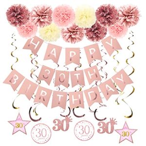 guozhixin rose gold 30th birthday party decorations , rose gold glittery happy 30th birthday banner,poms,sparkling hanging swirls kit for 30th birthday party supplies