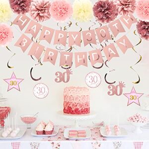 GuoZhiXin Rose Gold 30th Birthday Party Decorations , Rose gold Glittery Happy 30th Birthday Banner,Poms,Sparkling Hanging Swirls Kit for 30th Birthday Party Supplies