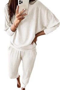 prettygarden women's 2023 fall fashion outfits 2 piece sweatsuit solid color long sleeve pullover long pants (off-white,x-large)