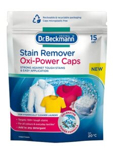 dr. beckmann stain remover oxi power caps | eliminate stubborn stains | convenient, ready-to-use caps | for both machine washing & soaking | 15 caps
