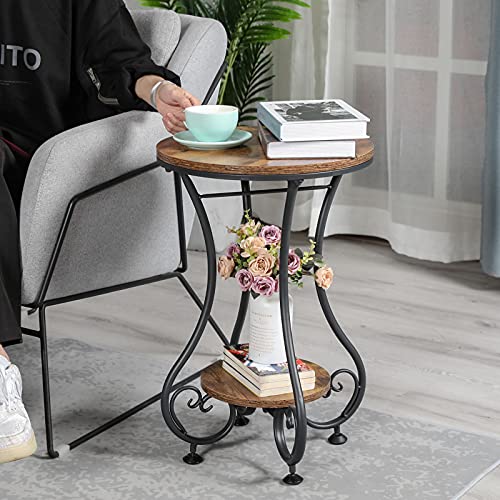 X-cosrack End Table, Round Side Table for Small Spaces, Coffee Tea Table Nightstand Home Decor for Living Room Balcony Bedroom Office,Rustic Brown & Black,15.75" L x 15.75" W x 24.0" H