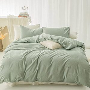 fossa duvet cover set 100% washed cotton linen feel super soft breathable cozy simple style 3 pieces bedding sets solid sage green queen