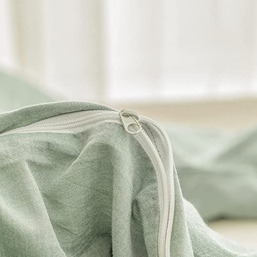 FOSSA Duvet Cover Set 100% Washed Cotton Linen Feel Super Soft Breathable Cozy Simple Style 3 Pieces Bedding Sets Solid Sage Green Queen