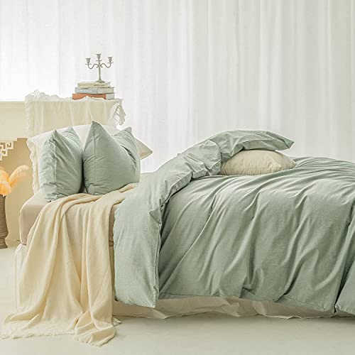 FOSSA Duvet Cover Set 100% Washed Cotton Linen Feel Super Soft Breathable Cozy Simple Style 3 Pieces Bedding Sets Solid Sage Green Queen